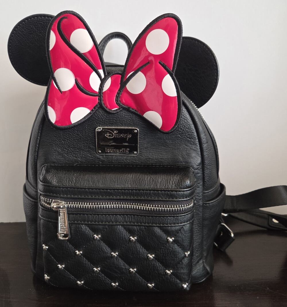 Disney Loungefly Minnie Mouse Bow Ears Mini Backpack Black Quilted Red Polkadot